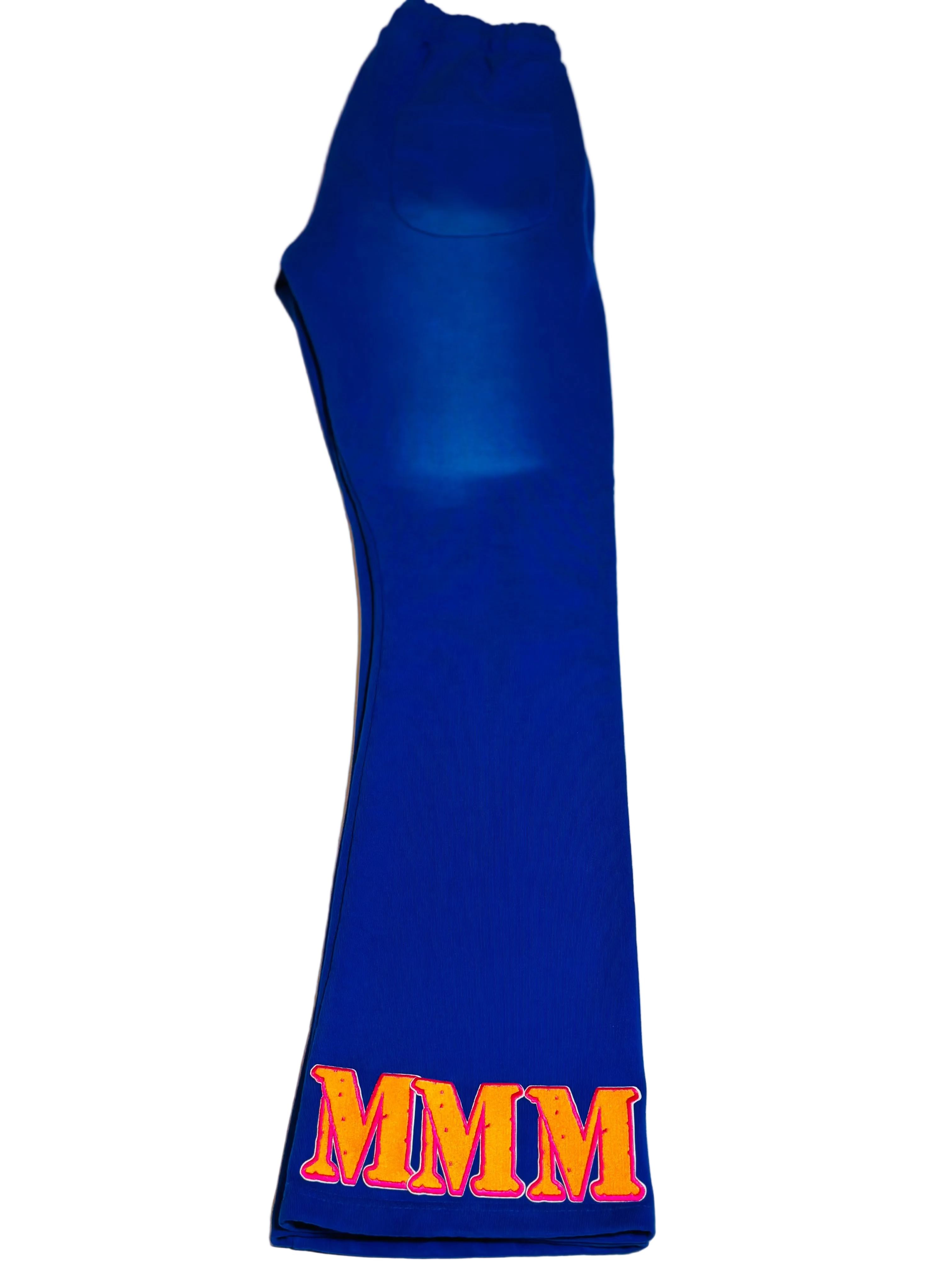 Back of Blue pants with orange 'MMM' text on a white background