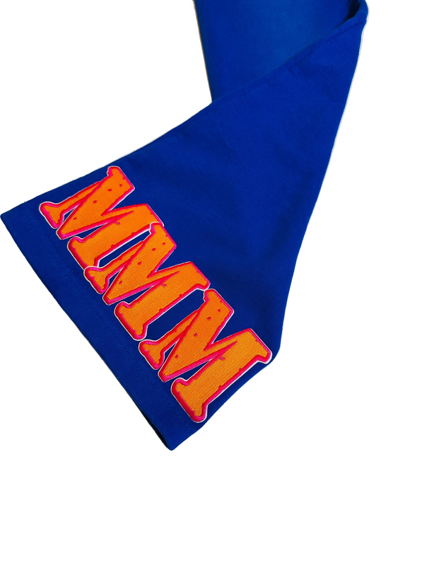 Blue bandana with orange and red text on a white background