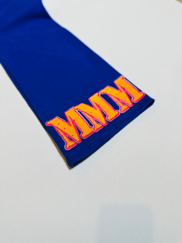 Blue bottom right side pants with 'MMM' text on a white background