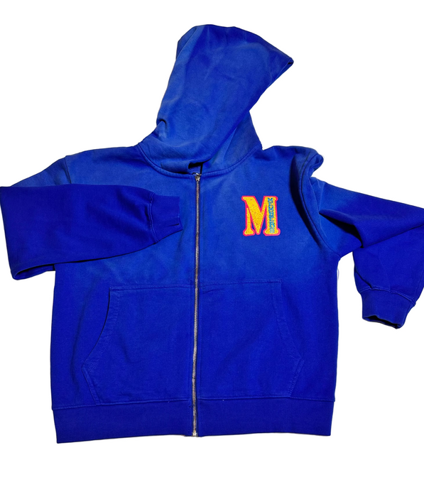 Blue hoodie with a colorful 'M' logo on a light gray background