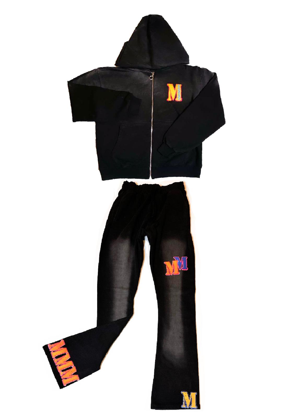 Black Zip up acid Wash Sets with Chenille M patche